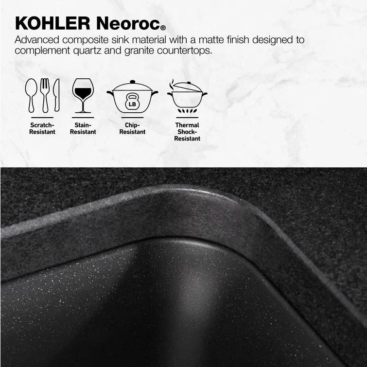 KOHLER K-8204-CM1 Cairn Sink, 33" Neoroc Composite Undermount Double-Bowl Kitchen Sink, Composite Kitchen Sink with Sink Rack, Matte Black