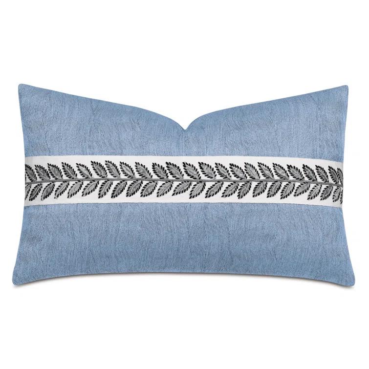 Indigo Embroidered Cashmere Lumbar Pillow with Leaf Border