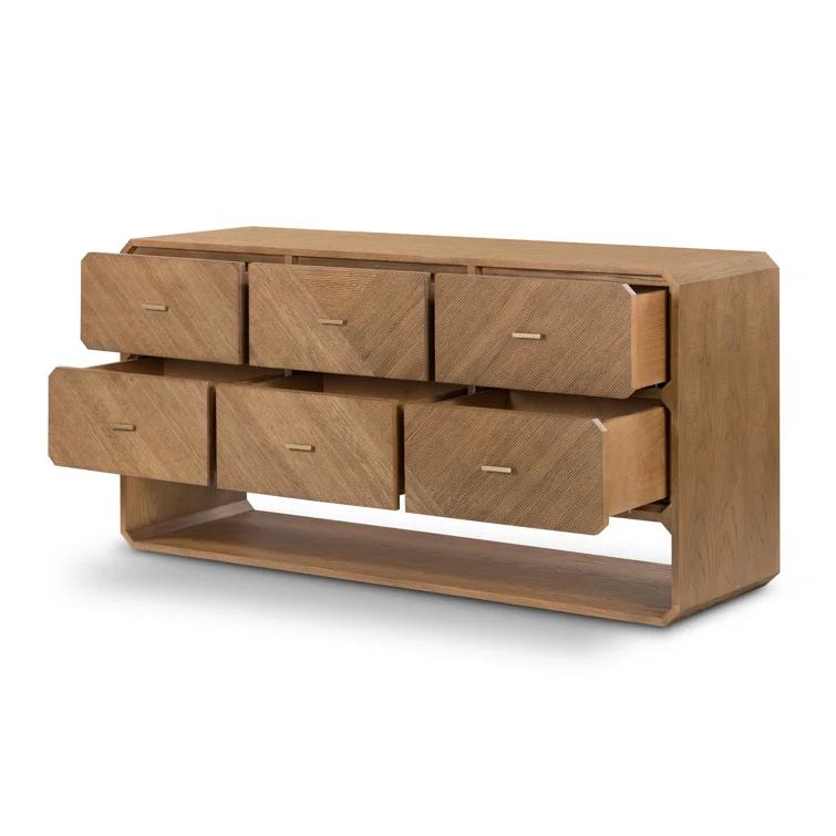Modern Natural Ash Veneer 6-Drawer Dresser with Satin Brass Hardware
