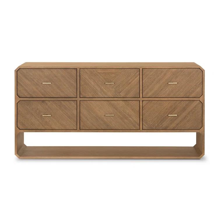Modern Natural Ash Veneer 6-Drawer Dresser with Satin Brass Hardware
