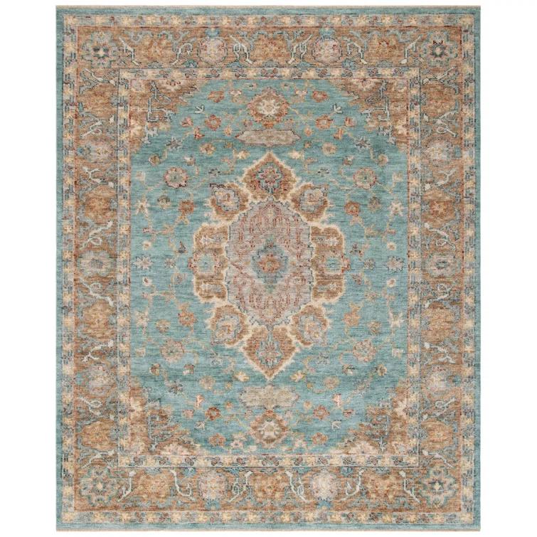 Hand-Knotted Gold and Blue Wool Oriental 8' x 10' Area Rug