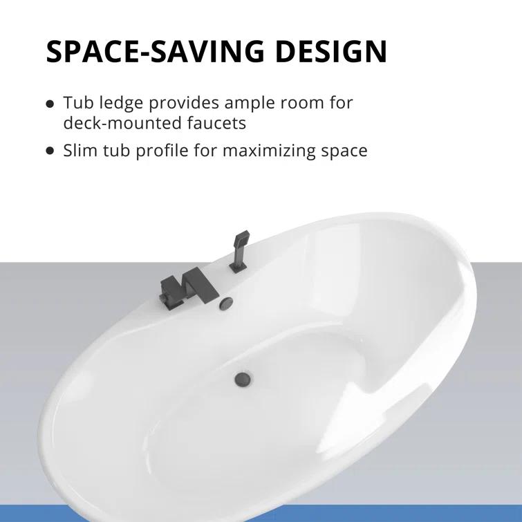 60" L x 32" W Free Standing Soaking Acrylic Bathtub