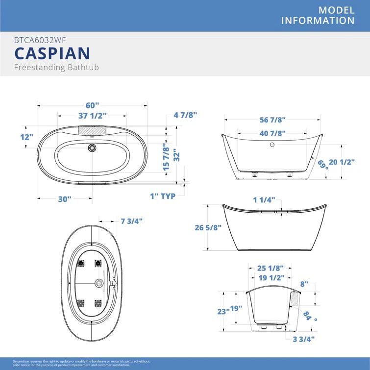 60" L x 32" W Free Standing Soaking Acrylic Bathtub