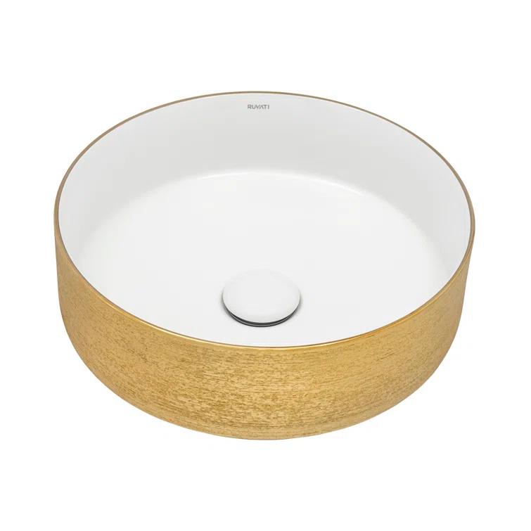 Ruvati 14 inch Bathroom Vessel Sink Round Gold Decorative Art Above Vanity Counter White Ceramic