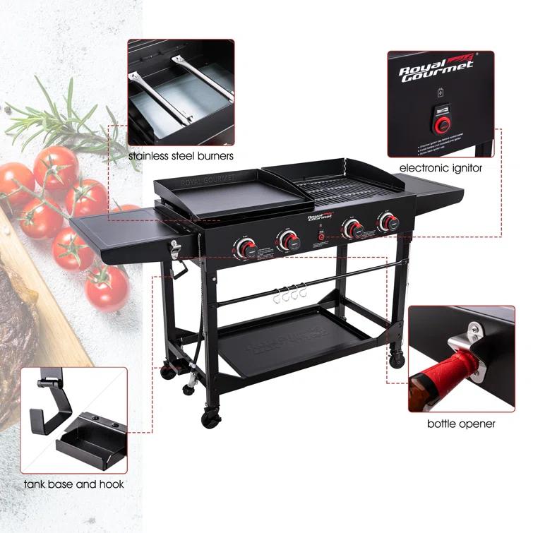 Royal Gourmet 4 - Burner Flat Top Liquid Propane 48000 BTU Gas Grill with Side Tables