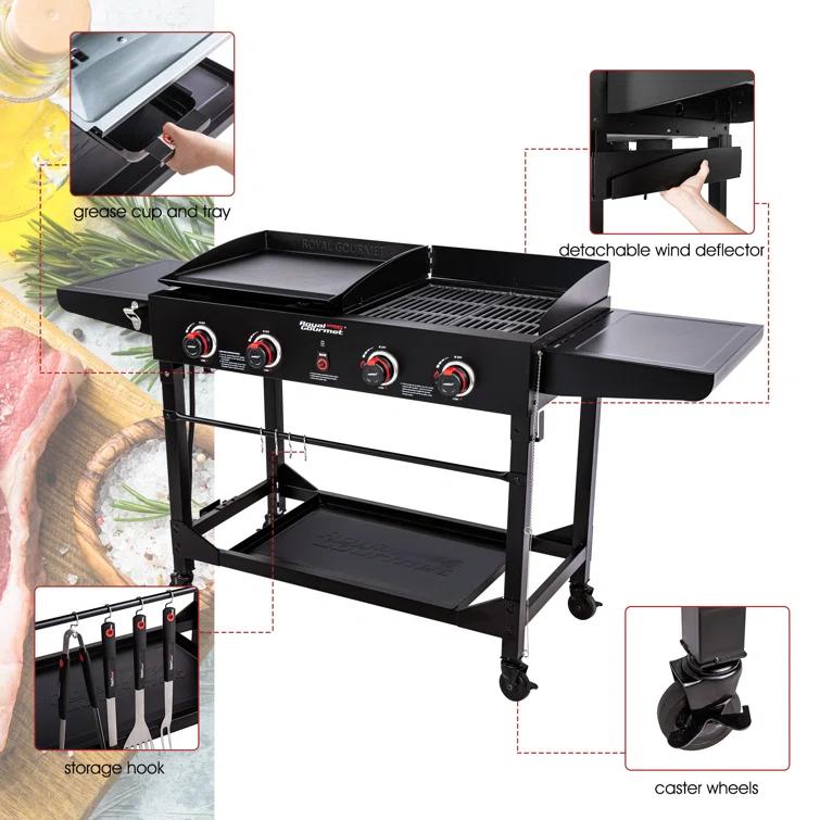 Royal Gourmet 4 - Burner Flat Top Liquid Propane 48000 BTU Gas Grill with Side Tables