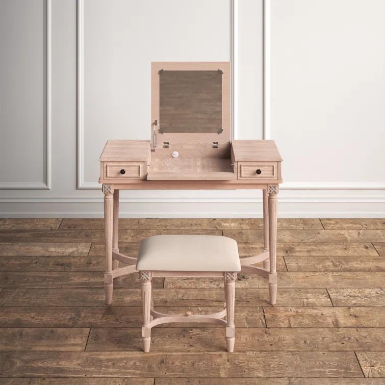 Kelly Clarkson Home June Natural Two Drawer Flip Top Vanity Set with Stool