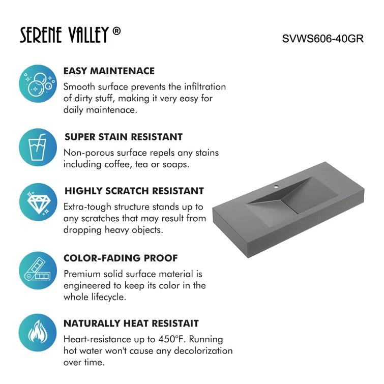 40 in. Wall-Mount or Countertop Bathroom Sink V-Shape Drain Solid Surface Material