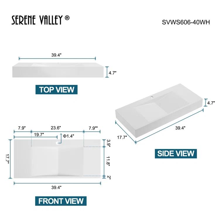 40 in. Wall-Mount or Countertop Bathroom Sink V-Shape Drain Solid Surface Material