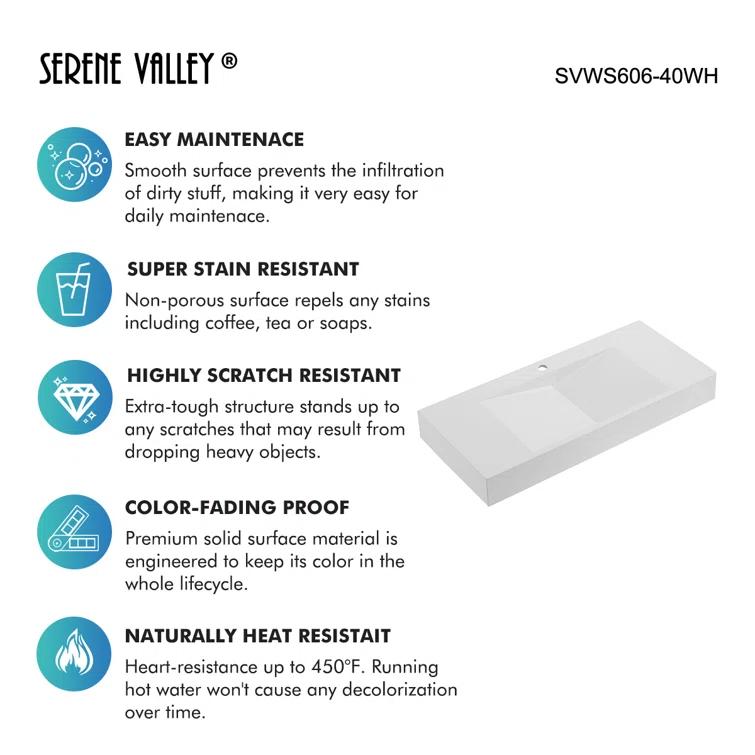 40 in. Wall-Mount or Countertop Bathroom Sink V-Shape Drain Solid Surface Material