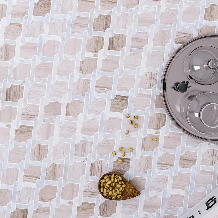 Supreme Tile Wooden Beige 12.01 in. x 12.01 in. Geometric Polished Marble Mosaic Tile