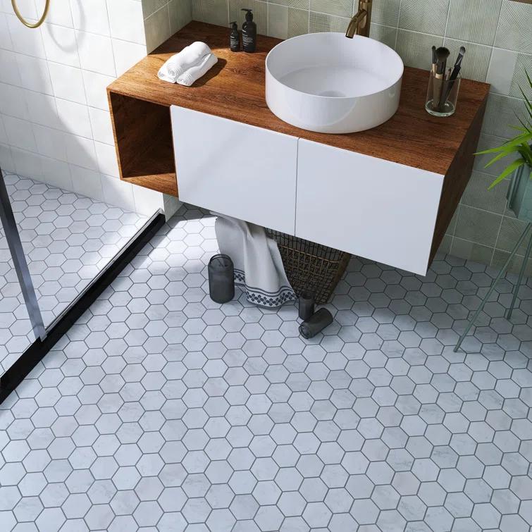 White Carrara 3" x 3" Natural Stone Honeycomb Marble Look Mosaic Wall Tile
