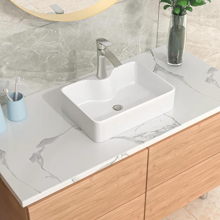 Lordear H-LMP1612L 16" x 12" Bathroom Vessel Sink Rectangular Above Counter White Ceramic Vessel Sink with Faucet Hole