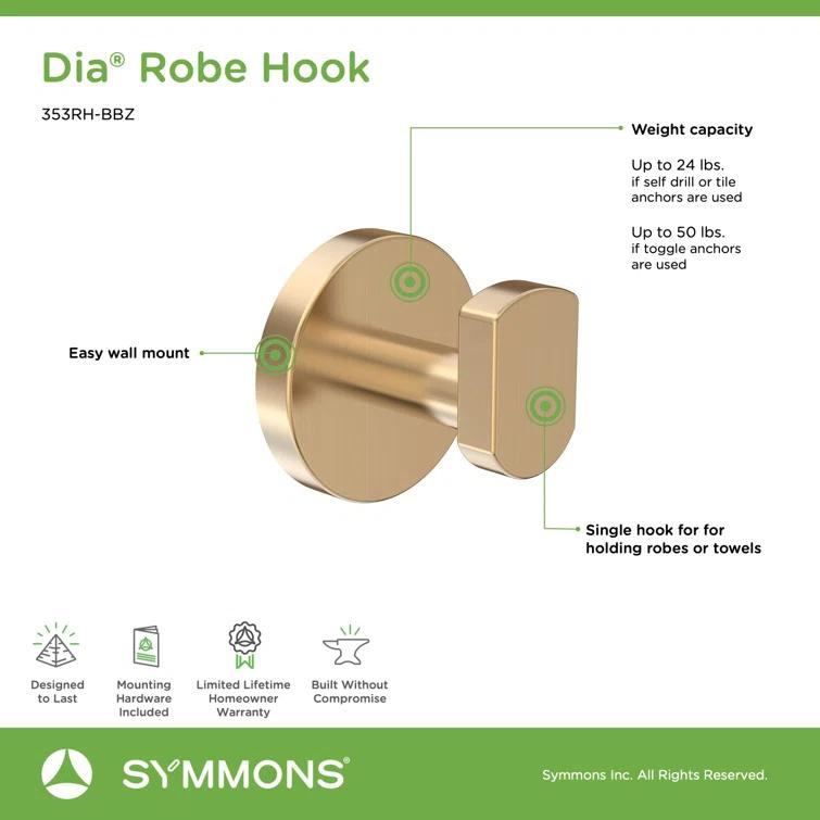 Dia Wall Mounted Robe Hook with Installation Hardware