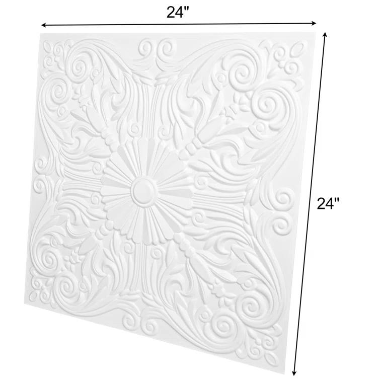 Art3d Art3d Decorative Ceiling Tile 2x2 Glue up, Lay in Ceiling Tile 24x24 Pack of 12pcs Spanish Floral in Matt White
