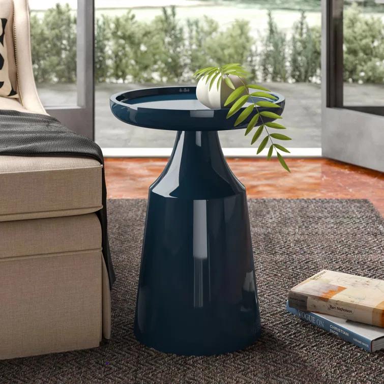 Bell-Shaped Navy Lacquer Round Glass End Table