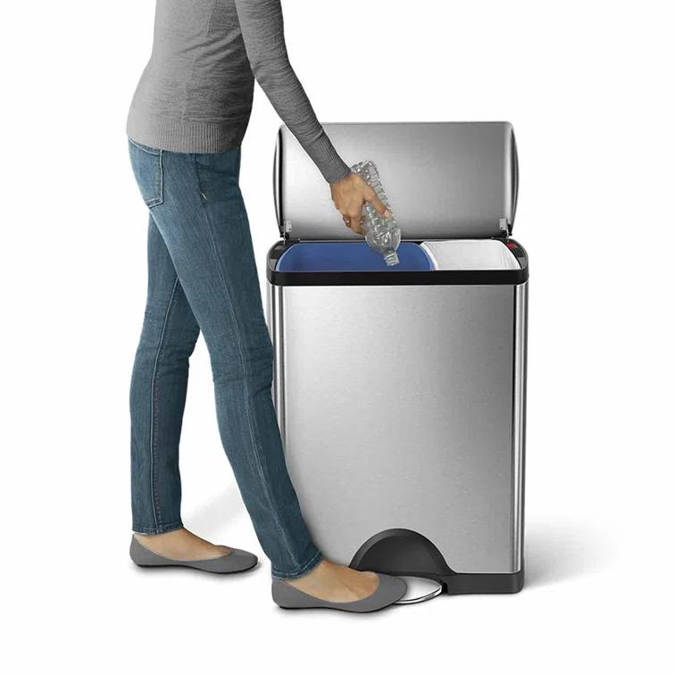 simplehuman Rectangular Dual Compartment Recycling Kitchen Step Trash Can, 46 Liter, Stainless Steel
