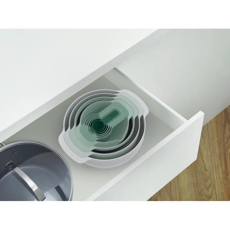 Joseph Joseph Nest 9 Plus, 9 Piece Compact Food Preparation Set with Mixing Bowls, Measuring cups, Sieve and Colander, Editions Range, Sage Green