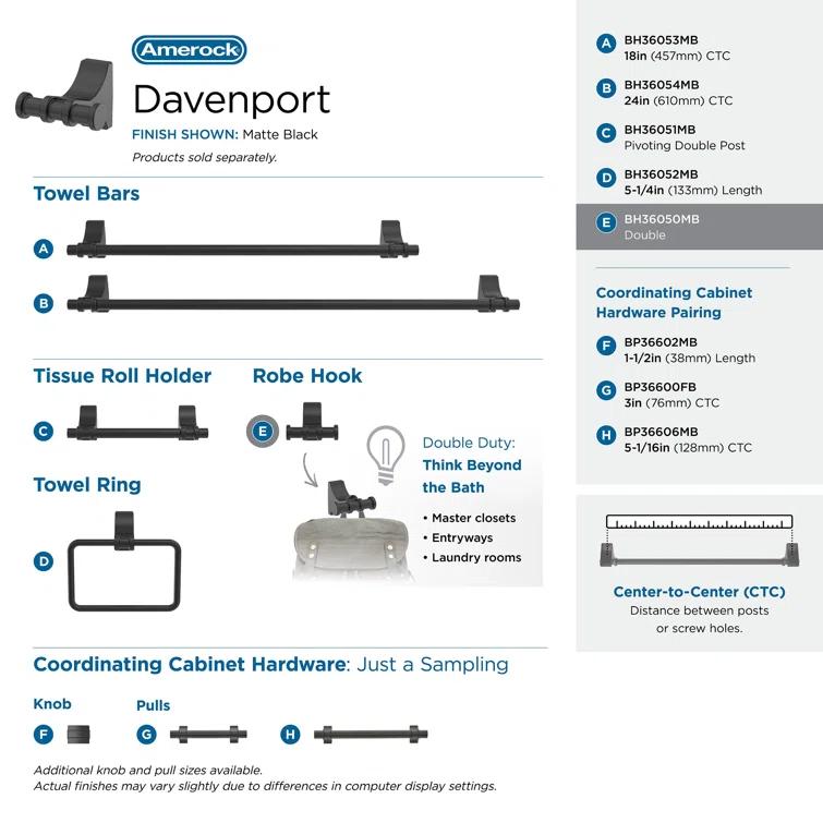 Amerock Davenport Wall Mounted Robe Hook BH36050MB