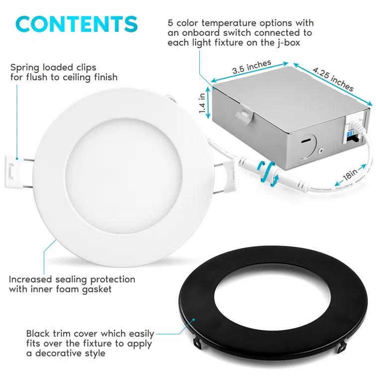 Luxrite LR23756 LR23770-4PK 4'' Selectable Color Temperature Dimmable Air-Tight IC Rated LED Canless Recessed Lighting Kit (Set of 4)