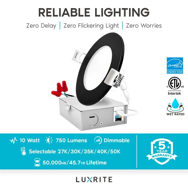 Luxrite LR23756 LR23770-4PK 4'' Selectable Color Temperature Dimmable Air-Tight IC Rated LED Canless Recessed Lighting Kit (Set of 4)