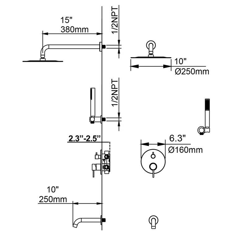 10 Inch Overhead Shower with 360° Rotatable Tub Spout Rough In Pressure Balance Valve Body