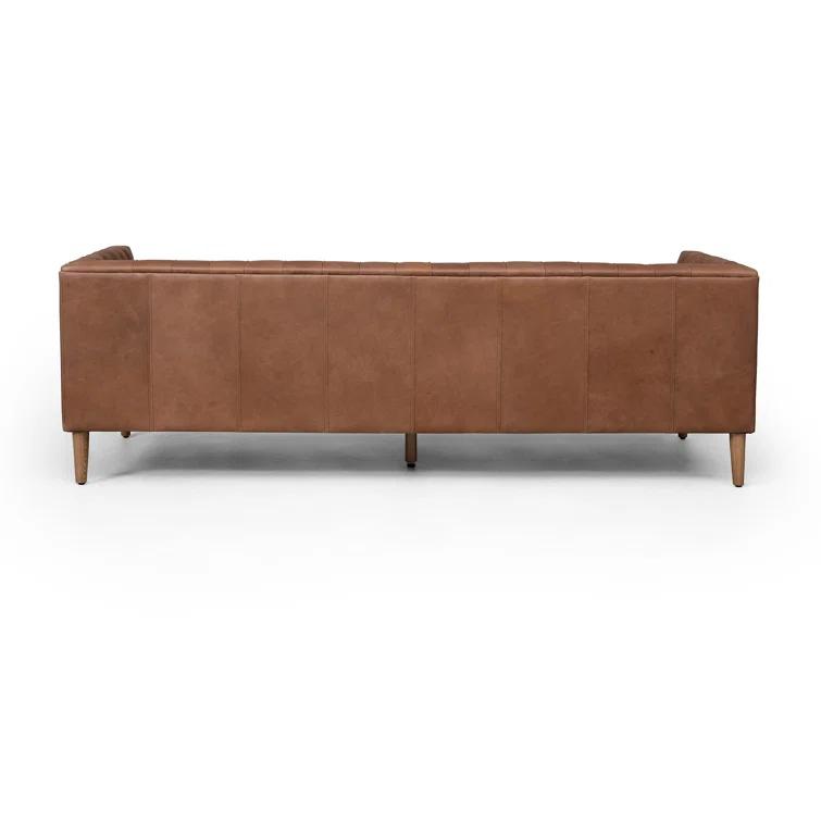 90" Brown Tufted Leather Stationary Sofa