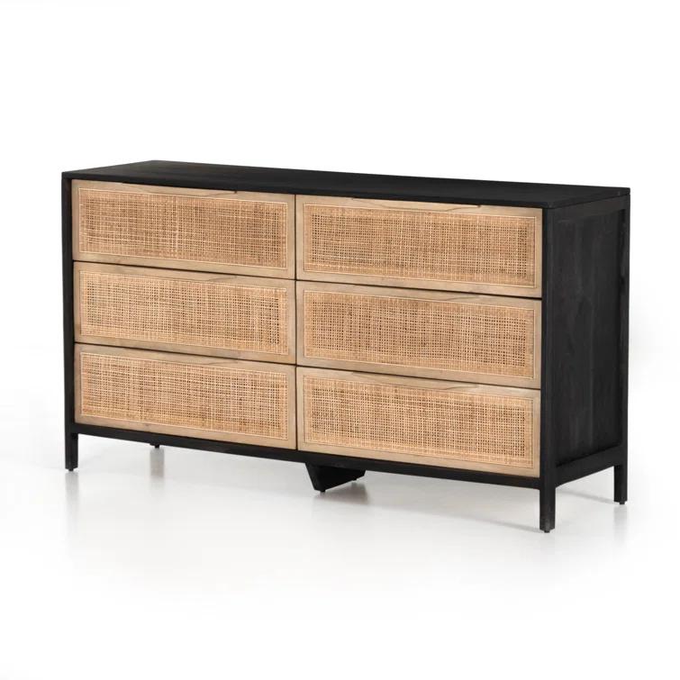 Black Wash Double Mid-Century 6-Drawer Dresser with Cane Detail