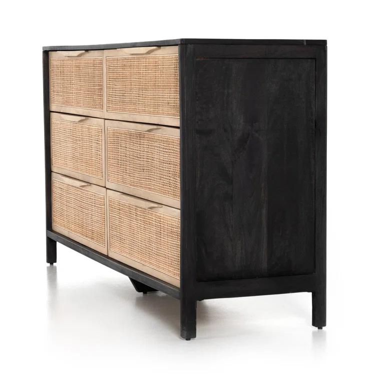 Black Wash Double Mid-Century 6-Drawer Dresser with Cane Detail