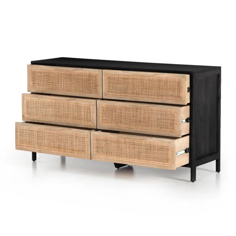 Black Wash Double Mid-Century 6-Drawer Dresser with Cane Detail