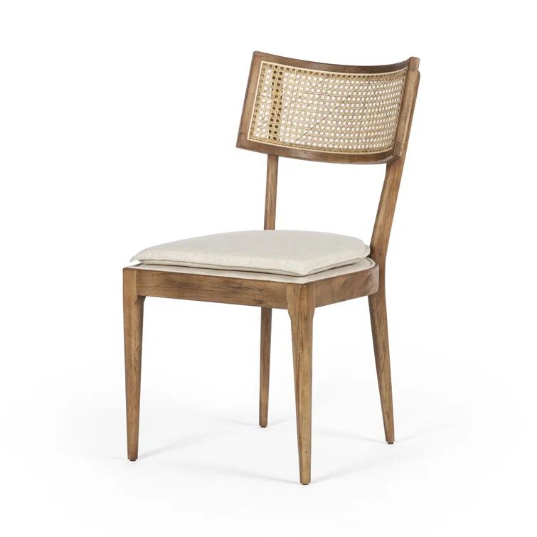 Elegant Linen and Cane Wood Dining Chair in Rich Brown