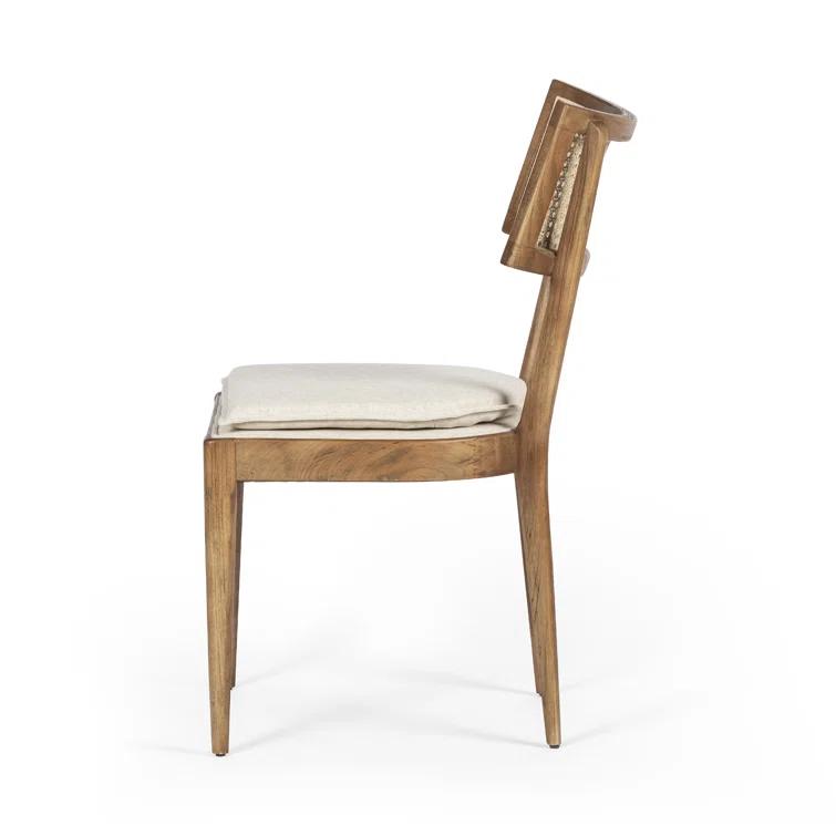 Elegant Linen and Cane Wood Dining Chair in Rich Brown