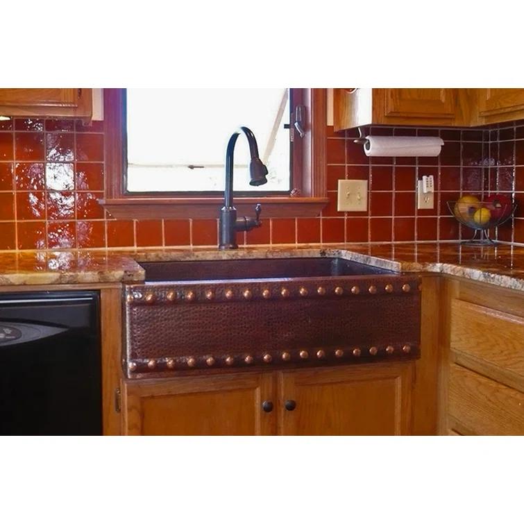 33" Hammered Copper Apron Front Single Basin Kitchen Sink w/ Barrel Strap Design