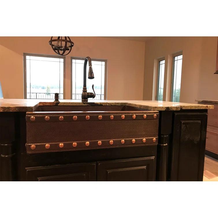 33" Hammered Copper Apron Front Single Basin Kitchen Sink w/ Barrel Strap Design