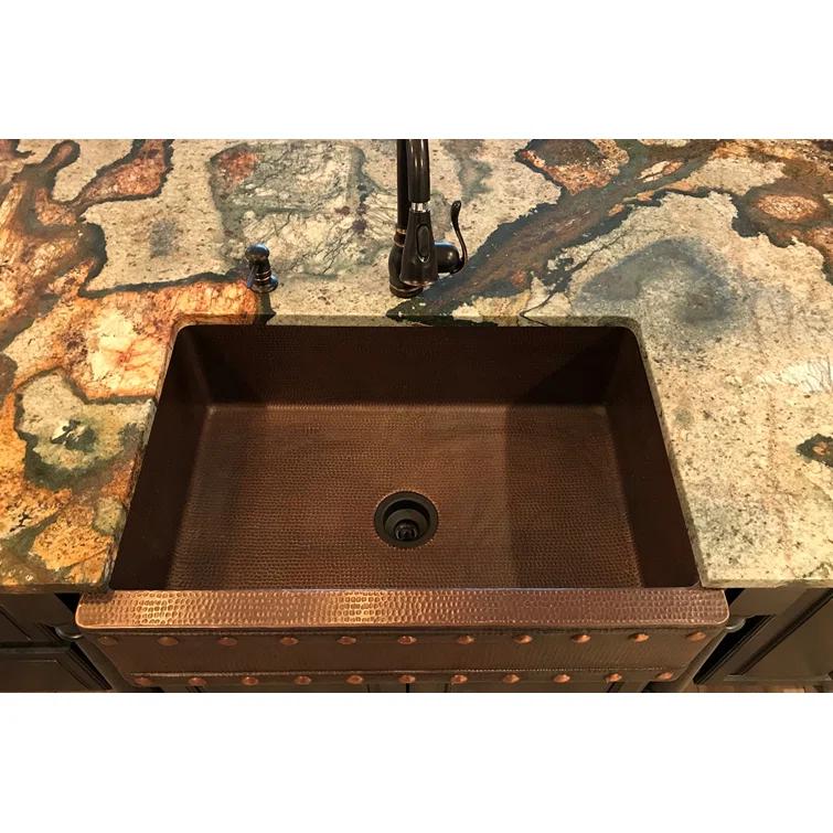 33" Hammered Copper Apron Front Single Basin Kitchen Sink w/ Barrel Strap Design
