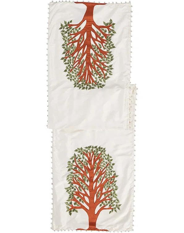 Arcadia Home Silk Table Runner with Tree of Life Embroidery and Hand Beading - 18x72"