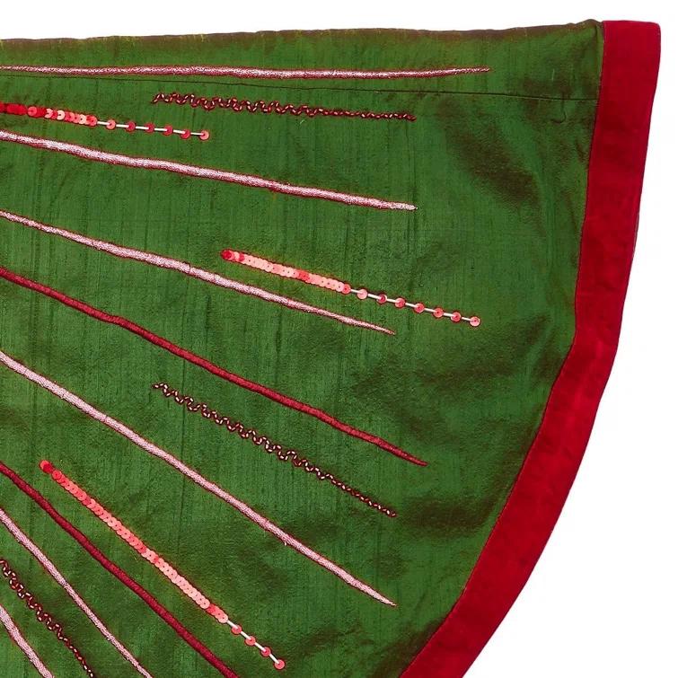 Hand Beaded Green Silk Christmas Tree Skirt with Red Velvet Trim - 60"
