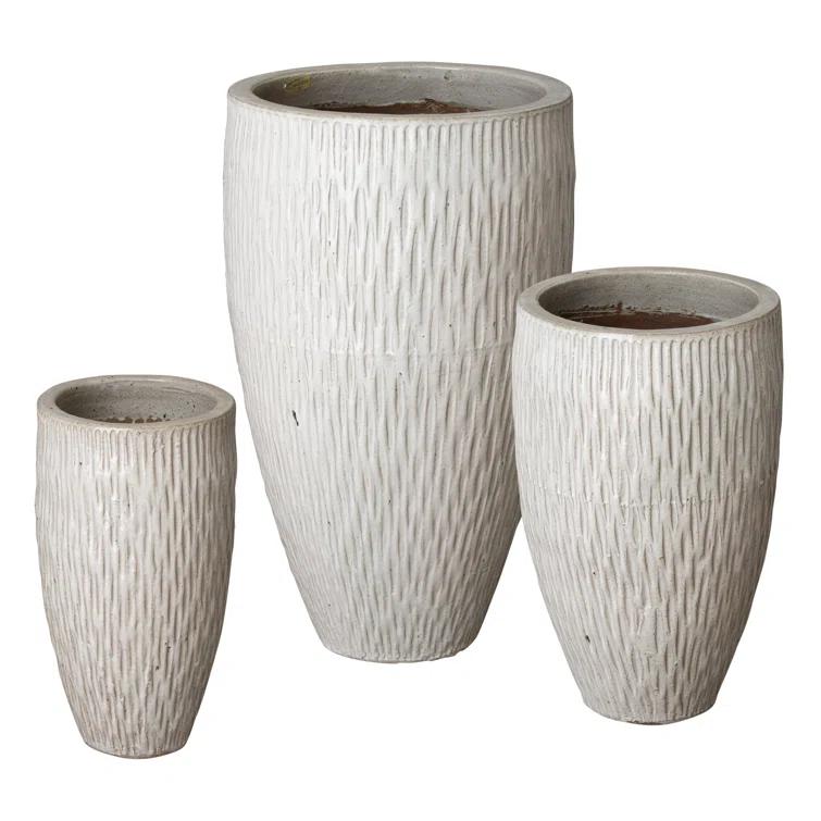 Tall 13 in. L x 23 in. H Distressed White Ceramic Round Planter with Drainage Hole