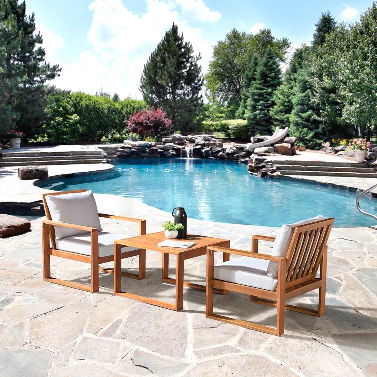 Weston 3Pc Outdoor Set Solid Eucalyptus Wood, 2 Chairs with Cushions and 1 Cocktail Table