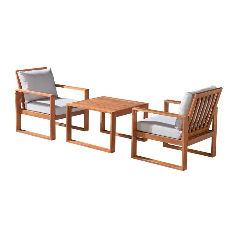 Weston 3Pc Outdoor Set Solid Eucalyptus Wood, 2 Chairs with Cushions and 1 Cocktail Table