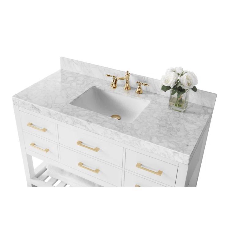 Ancerre Designs Elizabeth 48 in. Bath Vanity Set in White with Italian Carrara White Marble Vanity top and White Undermount Basin with Gold Hardware and 28 in. White Mirror | Perigold