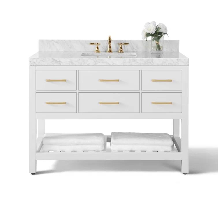 Ancerre Designs Elizabeth 48 in. Bath Vanity Set in White with Italian Carrara White Marble Vanity top and White Undermount Basin with Gold Hardware and 28 in. White Mirror | Perigold