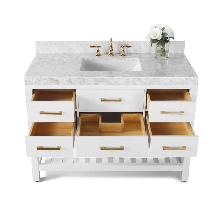 Ancerre Designs Elizabeth 48 in. Bath Vanity Set in White with Italian Carrara White Marble Vanity top and White Undermount Basin with Gold Hardware and 28 in. White Mirror | Perigold