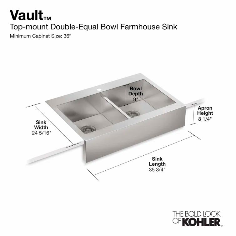 Vault™ 35.75" L x 24.3125" W Double Basins Farmhouse Kitchen Sink