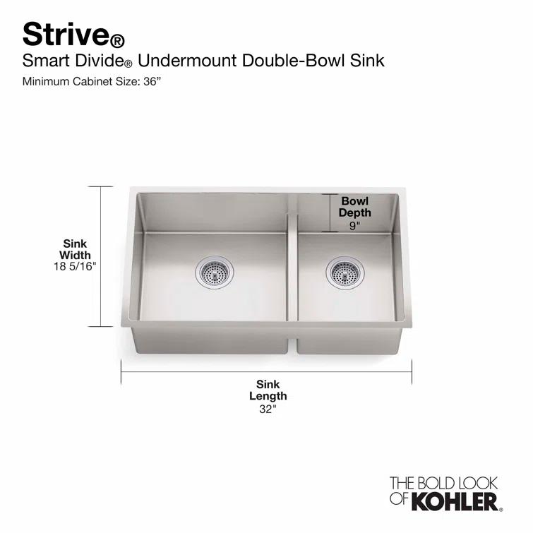 Strive 32" L x 18-5/16" W x 9-5/16" Smart Divide Under-Mount Large/Medium Double-Bowl Kitchen Sink with Basin Rack