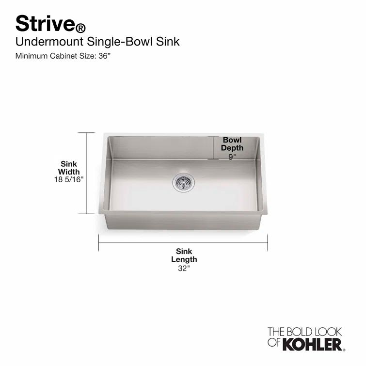 Strive® 32" L x 18.25" W Undermount Single Bowl Kitchen Sink with Basin Rack