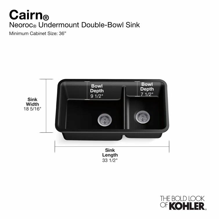 KOHLER K-8204-CM1 Cairn Sink, 33" Neoroc Composite Undermount Double-Bowl Kitchen Sink, Composite Kitchen Sink with Sink Rack, Matte Black