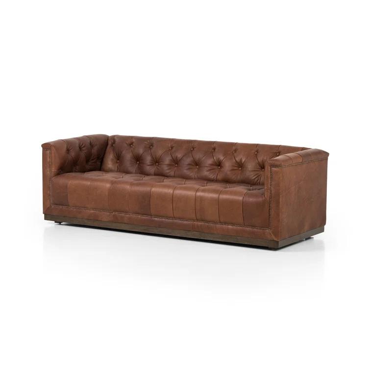 Warm Brown Tufted Leather Sofa with Nailhead Trim