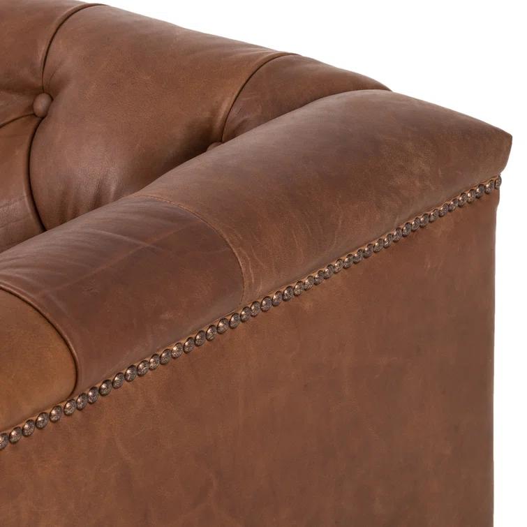 Warm Brown Tufted Leather Sofa with Nailhead Trim