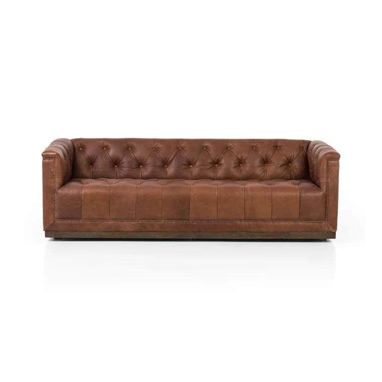 Warm Brown Tufted Leather Sofa with Nailhead Trim